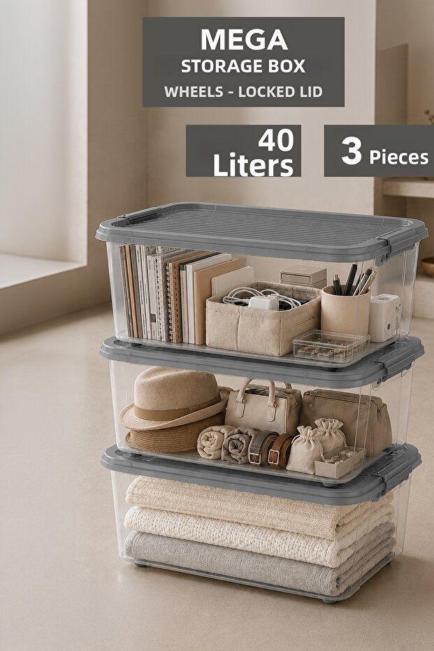 3-Piece 40Lt Large Size Storage Box - Elora Multi-Purpose Organizer with Lockable Lid Organizer Gray