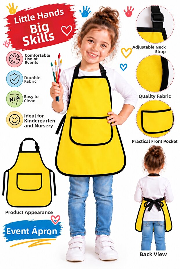 Kids Apron with Pockets Painting Event Activity Apron Washable Nursery Kindergarten Kitchen Painting Apron Liquid Proof for 5-10Y