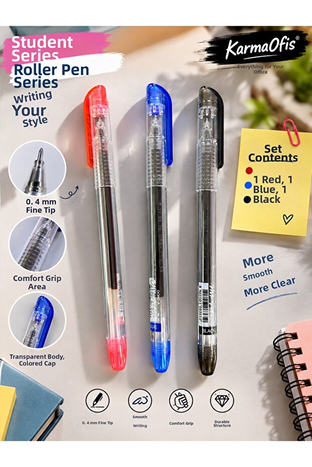 0.4 mm Fine Tip Rollerball Pen Set – Blue, Red, Black | 1 Set Optional