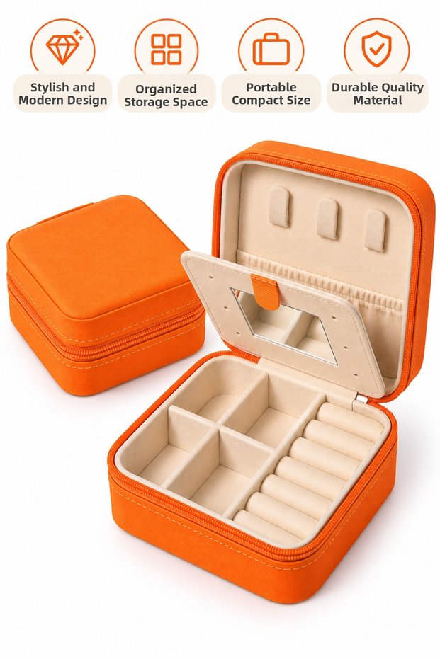 Portable Mirrored Jewelry Box Travel Type Zipper Jewellery Organizer Ring Earrings Necklace Storage Case