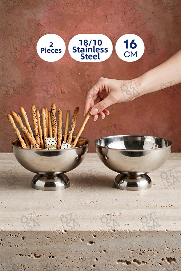 İnci 2-Pack 16cm 18/10 Steel Large Presentation Bowl Tableware Presentation Snack Bowl Fruit Bowl Salad Bowl Footed Bowl 16cm