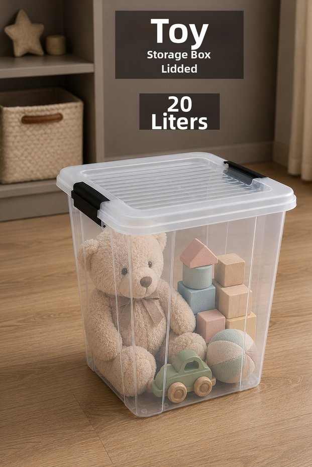 Deep Toy Organizer - Baby and Kids Room Organizer with Locking Lid for Storage of Items 20Lt Transparent