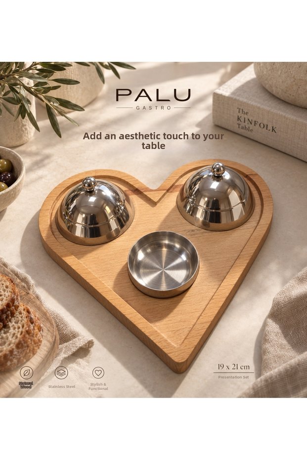 Heart Wooden Presentation Plate Set 19X21 cm - Presentation Plate with Steel Lid and Bowl