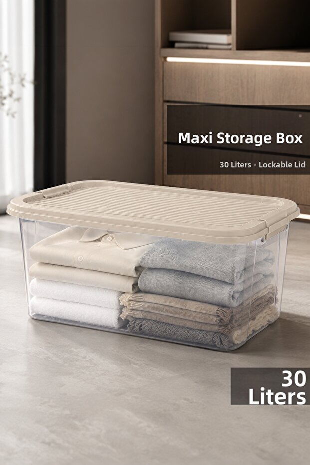 30Lt Elora Storage Box - Lockable Lid Closet Organizer Multi-Purpose Box Beige
