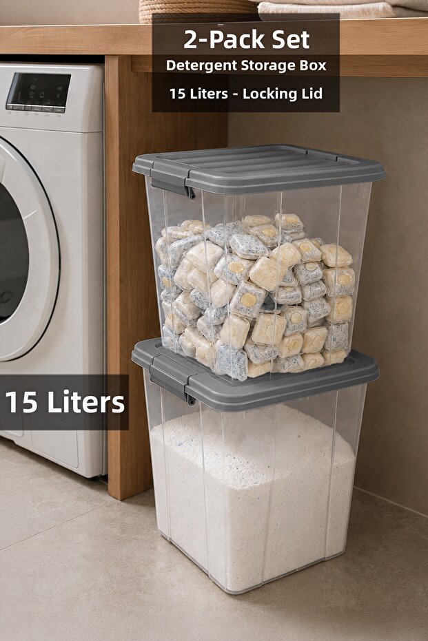2-Piece 15Lt Deep Elora Storage Box - Bathroom Organizer Lock Lid Organizer Detergent Container Gray
