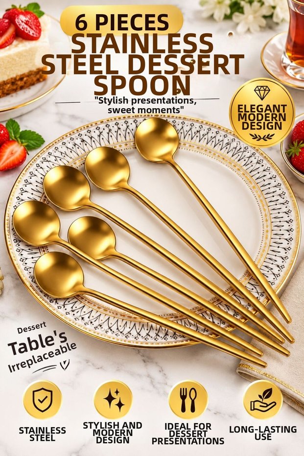 6 Pieces Gold Stainless Round Form Dessert Spoon, 1St Quality 3 mm 16 cm