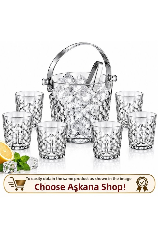 8-Piece Ice Bucket Set with 6 Glass Cups and Tongs, Crystal-Looking Beverage Presentation Set