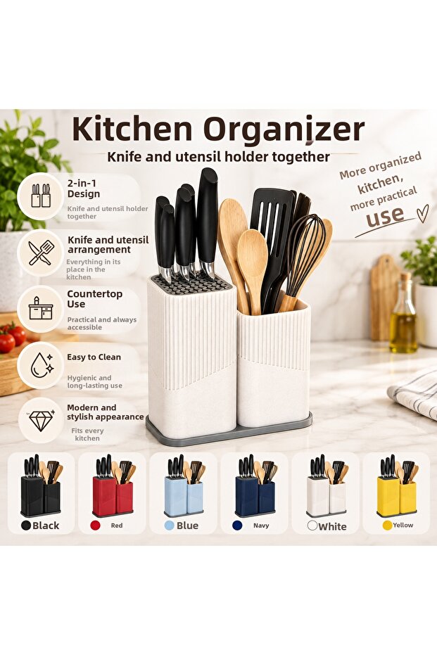 2-Compartment Kitchen Organizer Knife Holder and Spoon Holder Countertop Organizer Utensil Stand