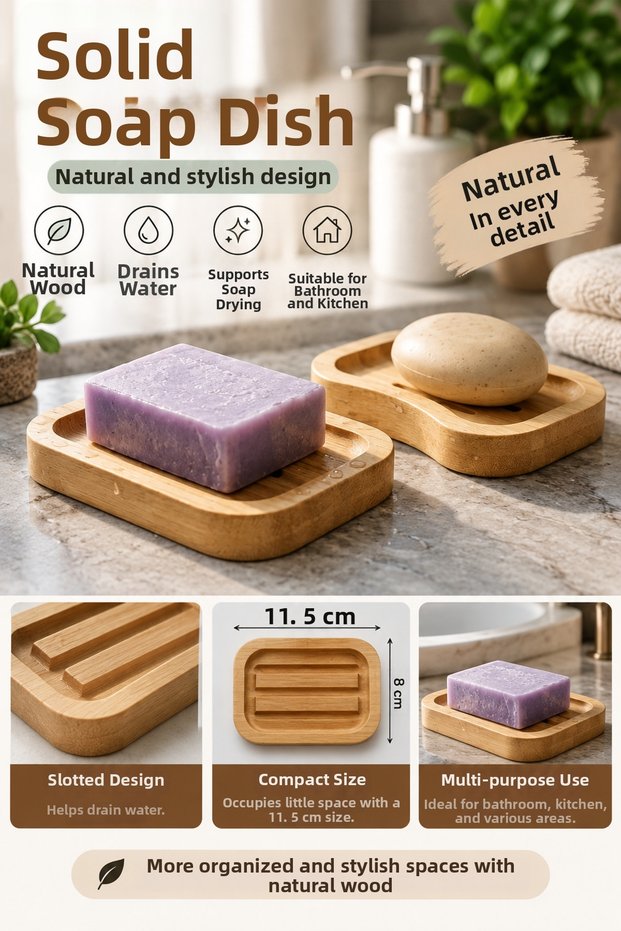 Wooden Solid Soap Dish 11.5 cm – Soap Holder with Drainer and Grooves – Natural Wooden Soap Dish for Bathroom and Kitchen
