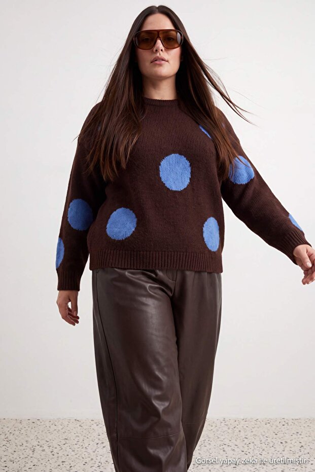 Brown Soft Textured Polka Dot Patterned Knitwear Sweater Tbbaw27An00051