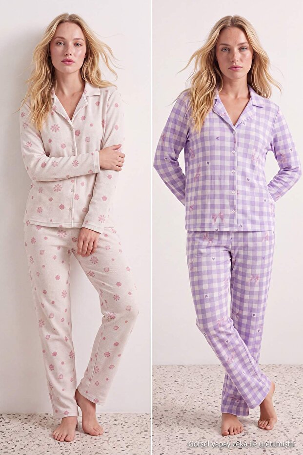Beyaz-Lila 4'lü Baskılı Yumuşak Tuşe Kışlık Waffle Örme Pijama Takımı THMAW27PT00232
