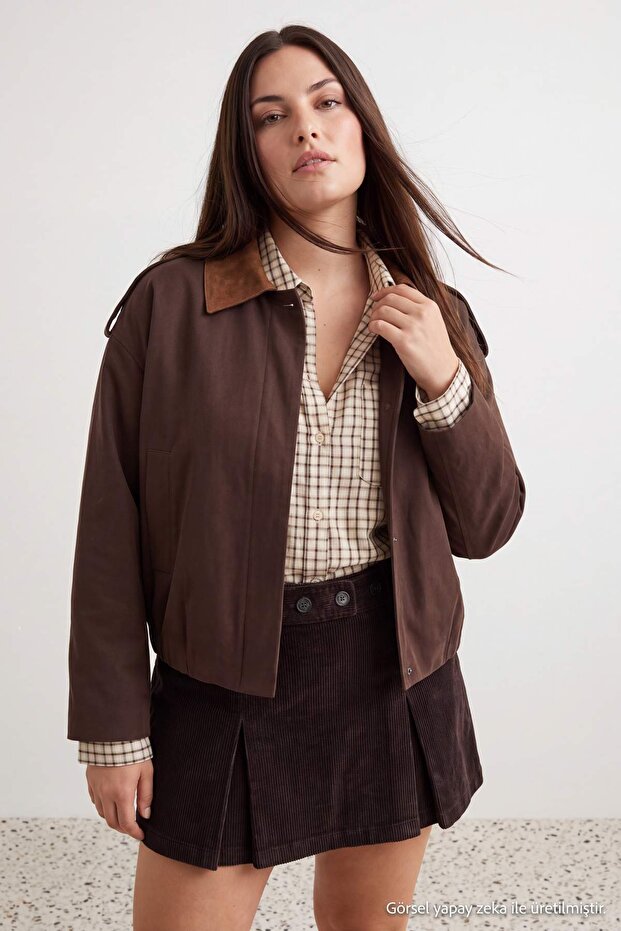 Brown Cotton Fabric Suede Epaulet Collar Detailed Oversize Fit Bomber Jacket Plus Size Coat Twoaw27Aw00027
