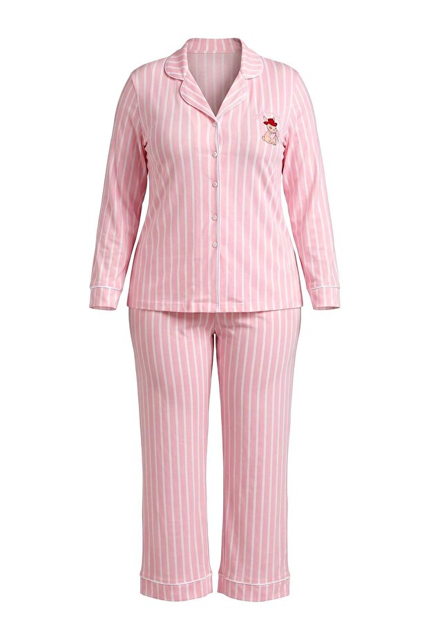 Pink Striped Rabbit Printed Shirt Collar Knitted Large Size Pajama Set Tbbaw25Ai00052