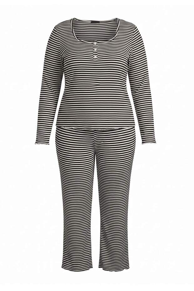 Black Striped Half Placket Knitted Large Size Pajama Set Tbbaw27Ai00051