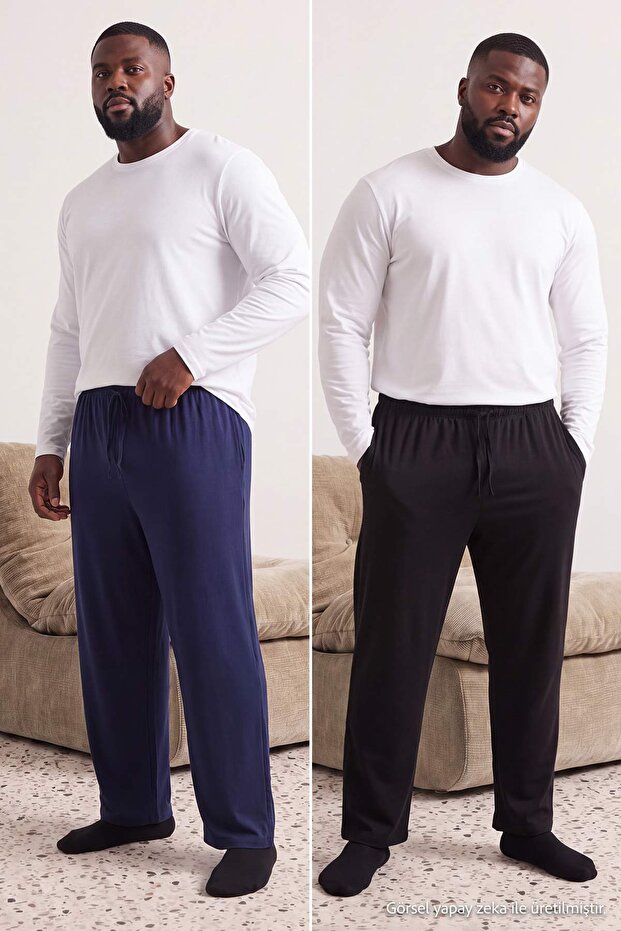 Büyük Beden Siyah-Lacivert 2'li Paket Örme Pijama Altı TMNAW27IA00001