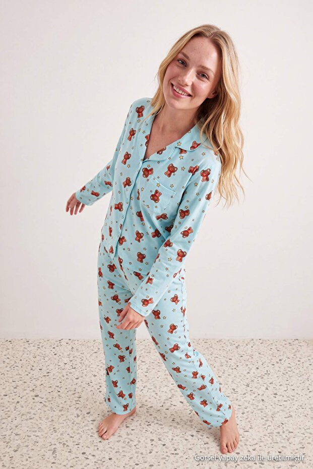 Mint 100% Cotton Teddy Bear Shirt-Pants Knitted Pajamas Set Thmaw24Pt00002