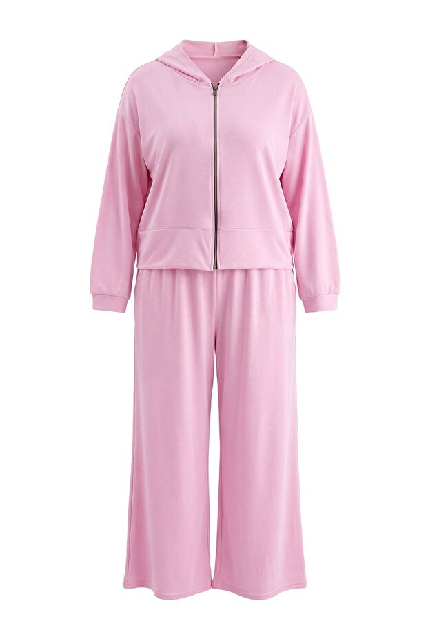 Pink Thin Soft Comfortable Flowy Fabric Front Zipper Large Size Tracksuit Set Tbbaw26Ts00017