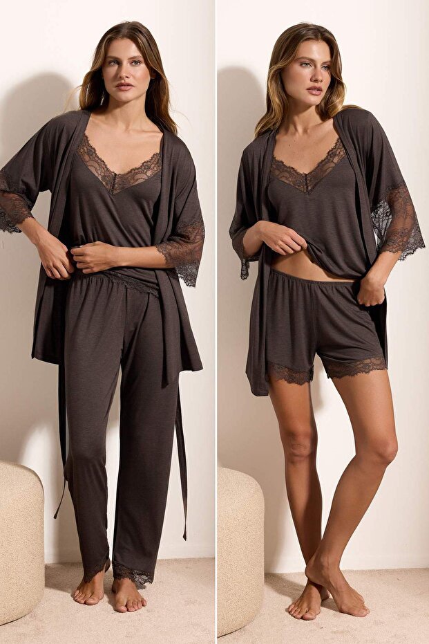 Haki Premium 4'lü Paket Dantel Detaylı Viskon Örme Pijama Takımı THMAW27PT00169