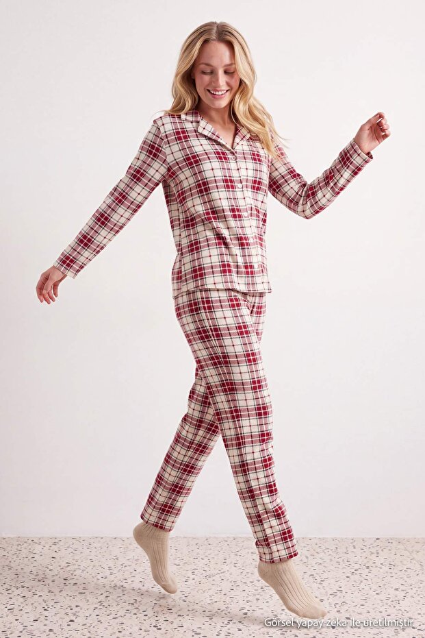 Multi Color Plaid Soft Buttoned Knitted Pajamas Set Thmaw27Pt00227