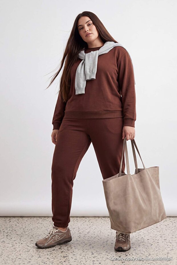 Brown Thick Inside Fleece Basic Knitted Large Size Tracksuit Set Tbbaw24Ts00000