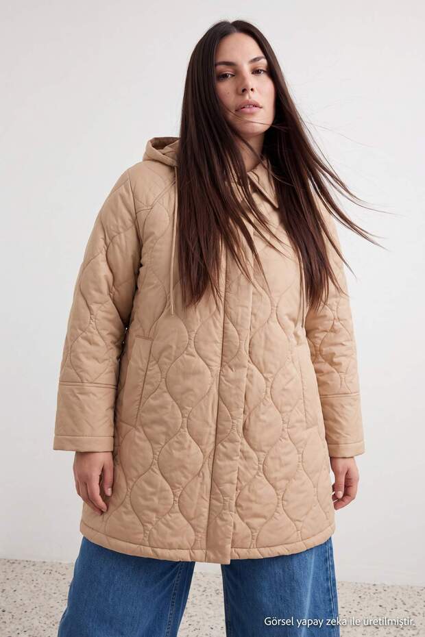 Stone Oversize Patterned Hooded Quilted Midi Length Plus Size Coat Twoaw27Aw00029