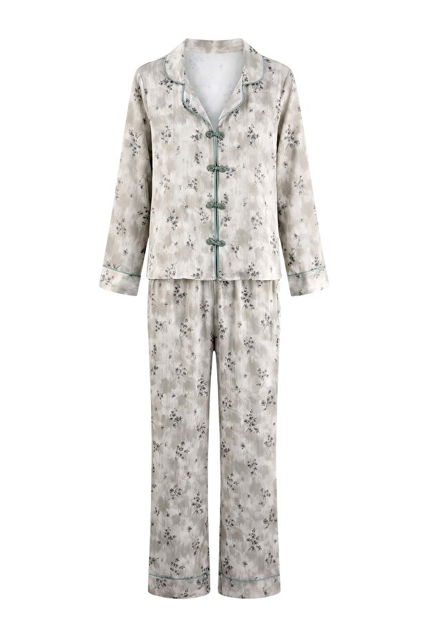 Çok Renkli Çiçekli Saten Dokuma Pijama Takımı THMAW27PT00190