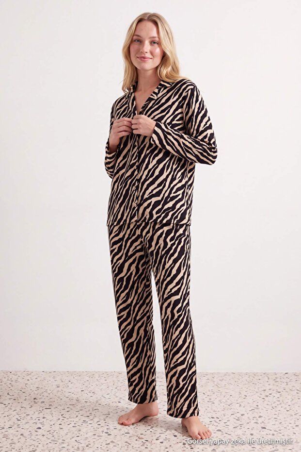 Black Zebra Pattern Soft Buttoned Knitted Pajamas Set Thmaw27Pt00227