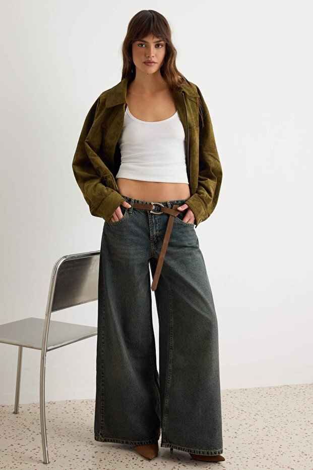 Koyu Mavi Vintage Yıkama Düşük Bel Ekstra Wide Leg Jeans TWOAW27JE00136