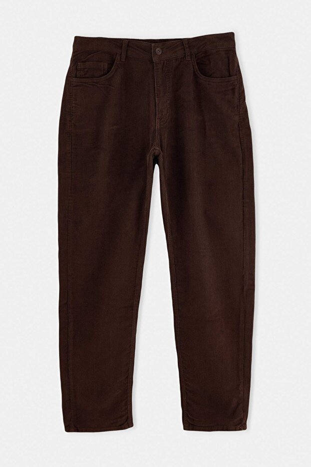 Kahverengi Kadife 100% Pamuk Straight Fit Boru Paça Normal Bel Kışlık Pantolon TMNAW27PL00014