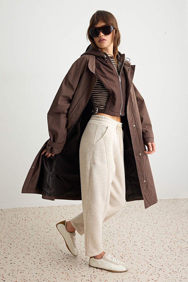 Kahverengi Beli Lastikli Oversize Uzun Trençkot TWOAW27TR00029