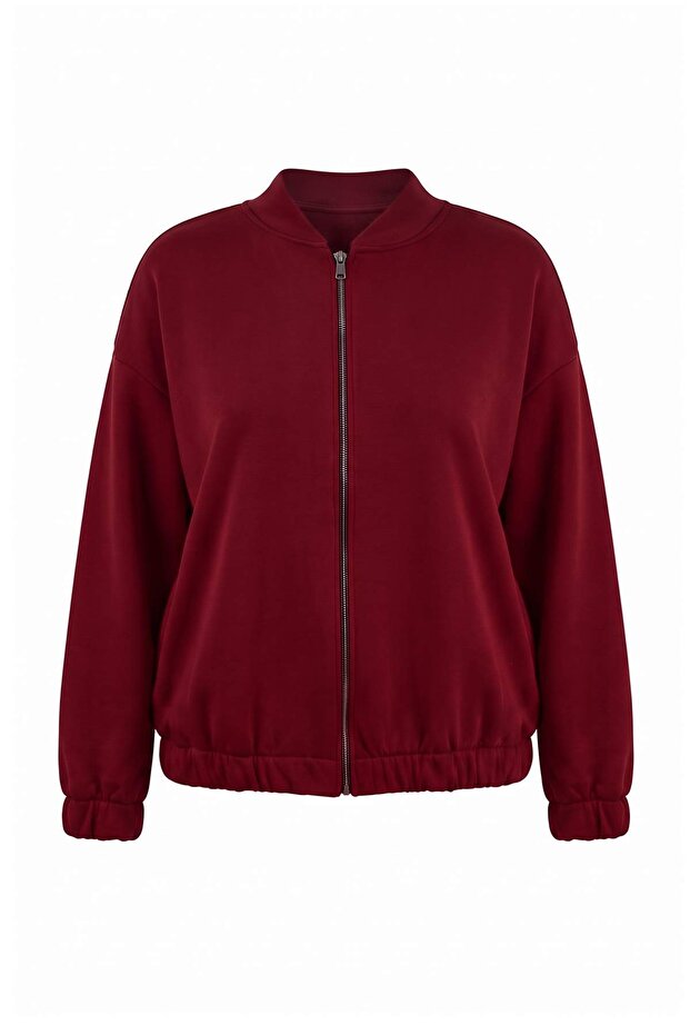 Burgundy Bomber Collar Oversize/Wide Fit Front Zipper Plus Size Sweatshirt Tbbaw26Ao00038