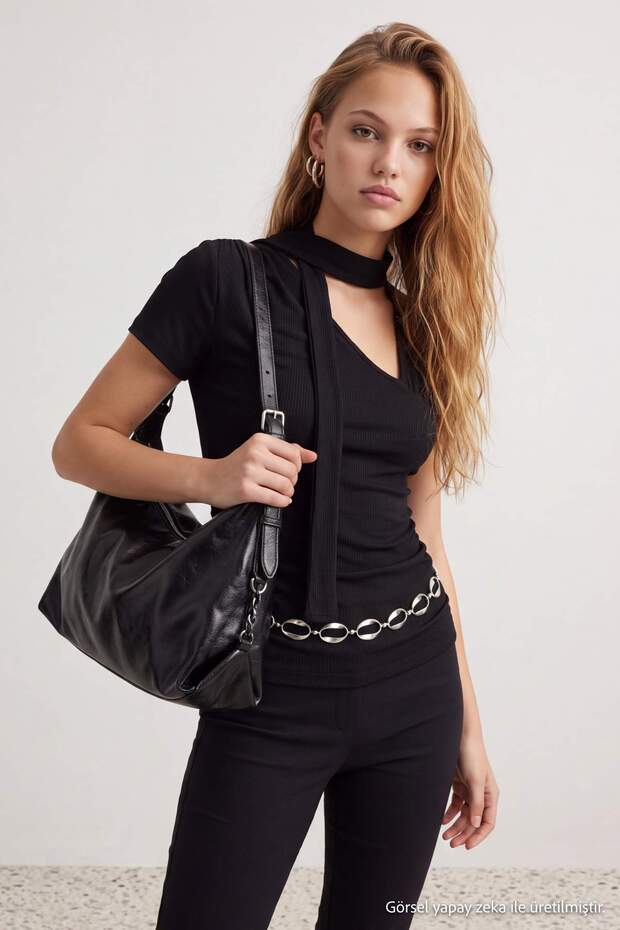 Siyah Transparan Fitted/Vücuda Oturan Fular Yaka Crop/Kısa Fake Triko Örme Bluz TWOAW27BZ00218