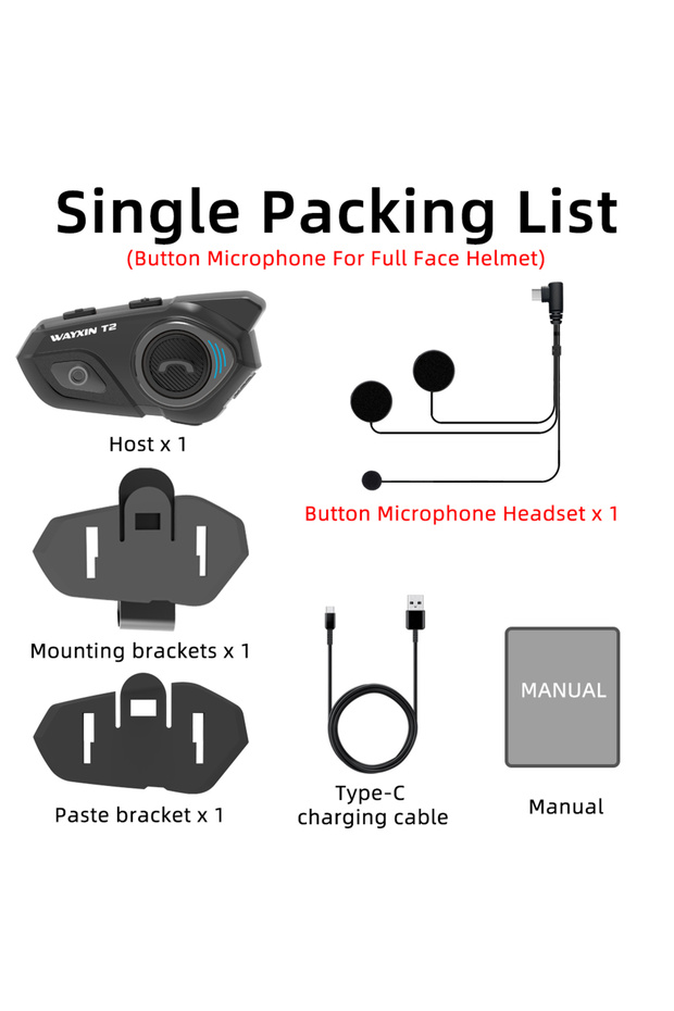Button Mic Full 1PCS WAYXIN T2 Helmet Headset Motorcycle Bluetooth Intercom For 2 Riders Intercomuni