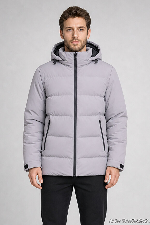 Men's Gray Waterproof Coat Nova Fabric Removable Hooded Zipper Detail