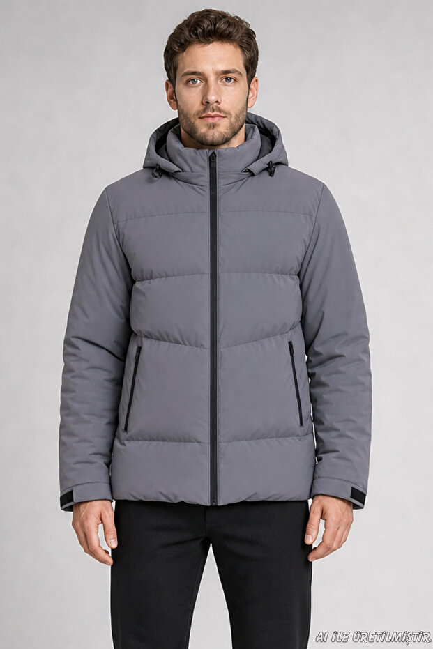 Men's Anthracite Waterproof Coat Nova Fabric Removable Hooded Zippers Detailed