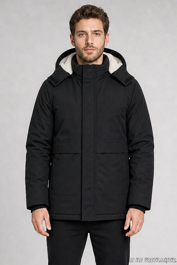 Men's Black Water and Wind Resistant Ribbed Coat with Fur Inside the Hood