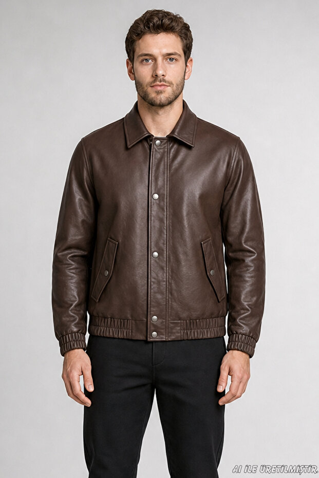 Men's Brown Zippered Casual Leather Jacket with Snap Fasteners and Elastic Waist