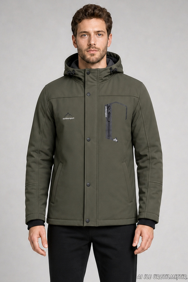 Men's Khaki Hooded Fur-Lined Water and Wind-Resistant Outdoor Softshell Coat