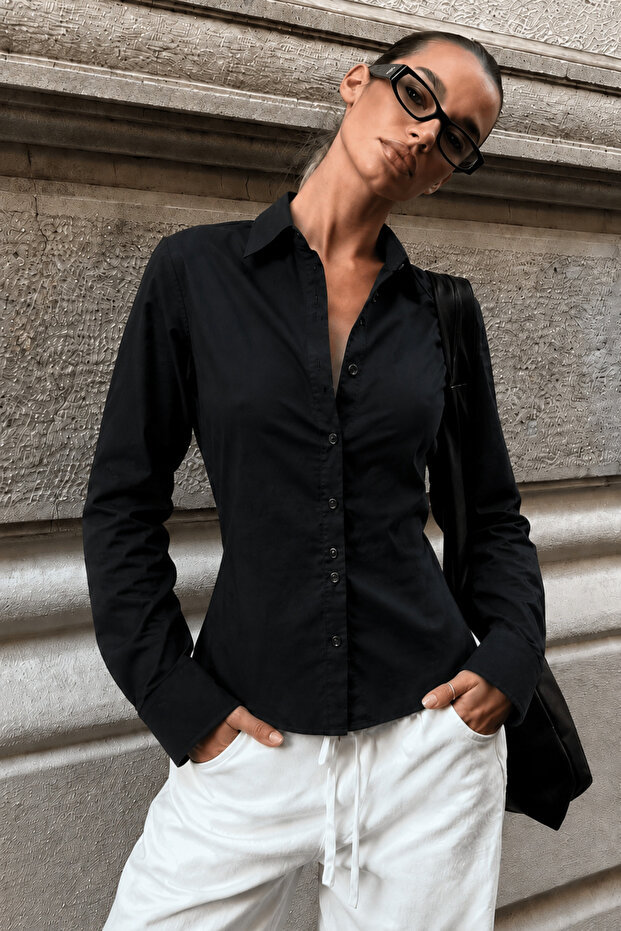 Black Long Sleeve Fitted Shirt Sh356