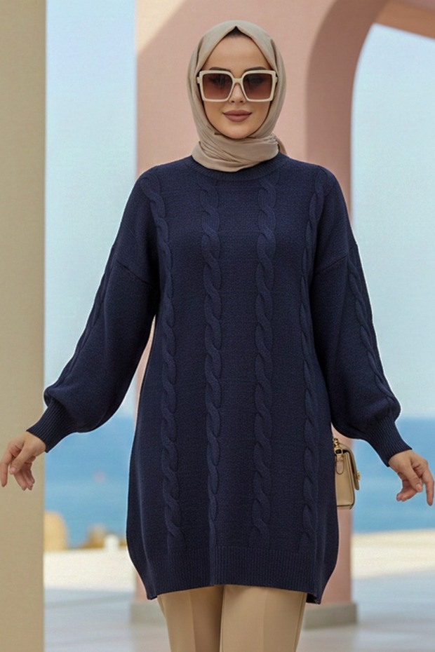Knitted Detailed Dark Navy Blue Hijab Knitwear Sweater 60051Kl