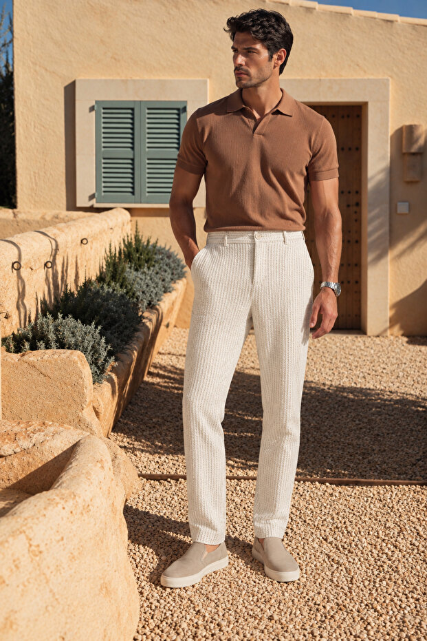 Men's Stretch Textured Slim Fit Beige Trousers