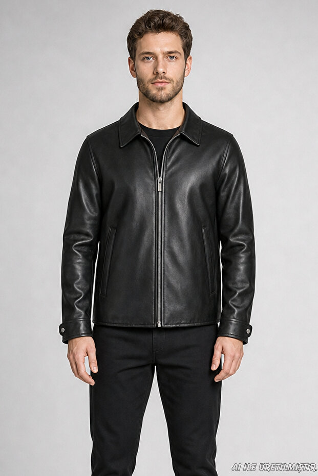Men's Black Fur Collared Comfortable Fit Leather Jacket