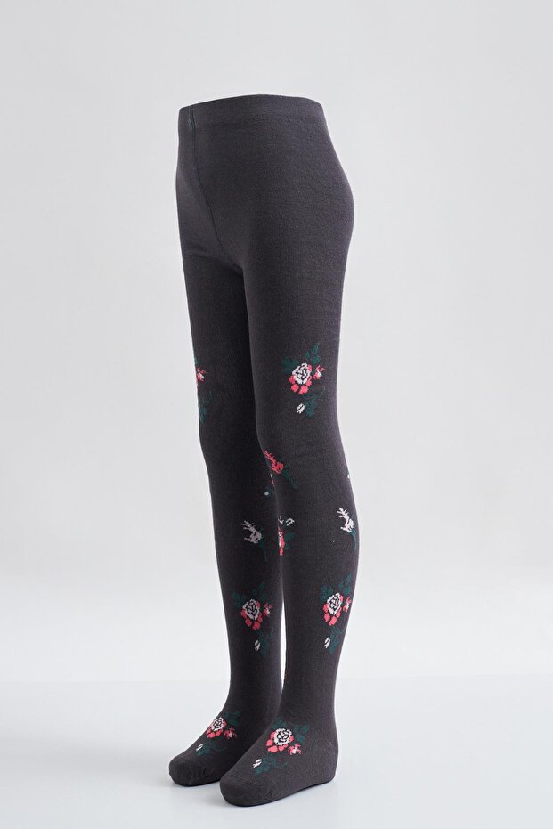 Flower Patterned Children's Pantyhose Anthracite