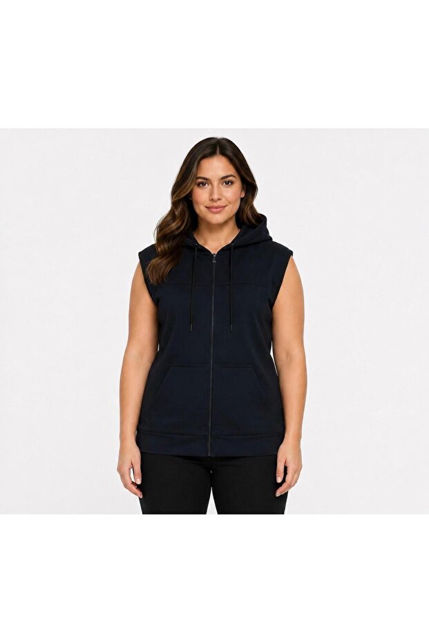 Women's Navy Blue Zippered Hooded Kangaroo Pocket Sleeveless Interlock Vest-Y1142-K