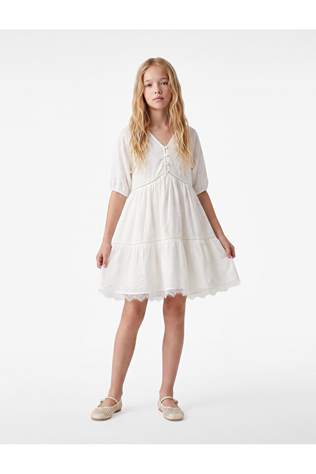 Lace Detailed Buttoned Loose Cut V-Neck Long Sleeve Viscose Dress