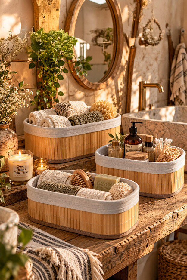 2082 Oval 3-Piece Pinterest Basket Bamboo Basket Set Decorative Bathroom Kitchen Organizer Organizer