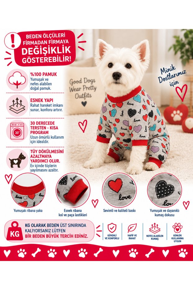 Small Breed Grey Color Heart Detailed Dog Jumpsuit Dog Outfit (1-10kg)