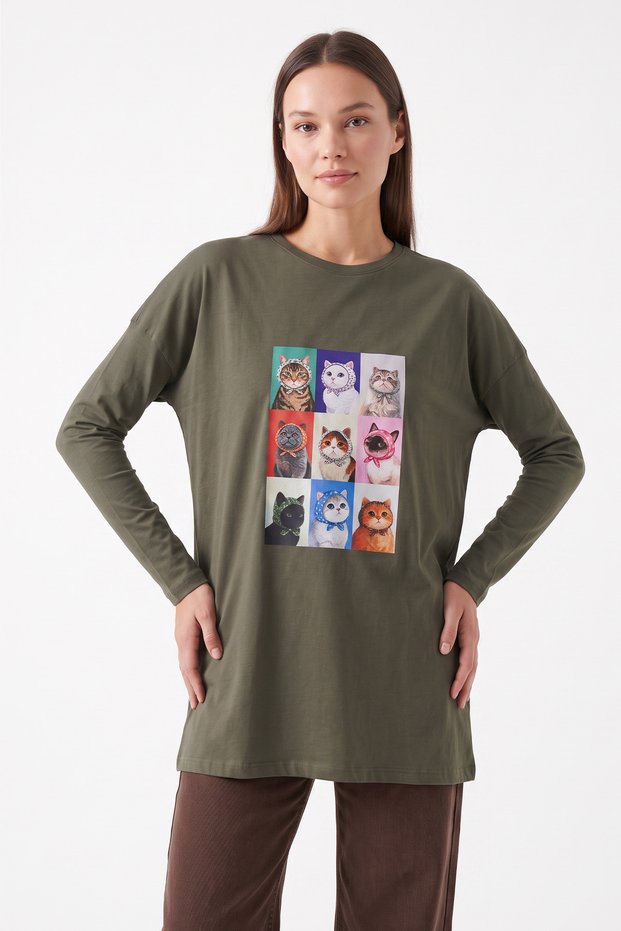 Cat Printed Tunic 13230 - Haki̇