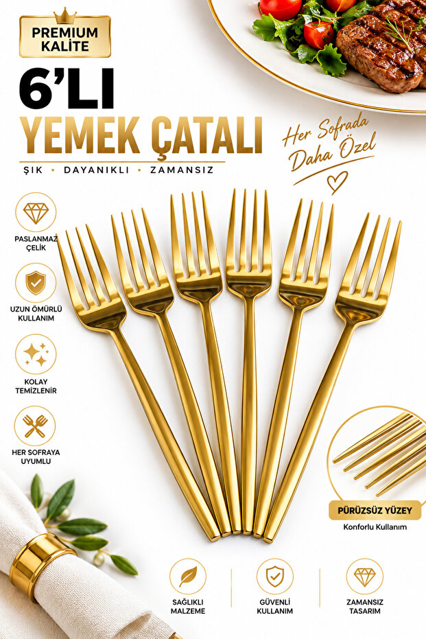 6 Piece Gold Detailed Cutlery Set | 6 Piece Luxury Dinner Fork Set 22 cm