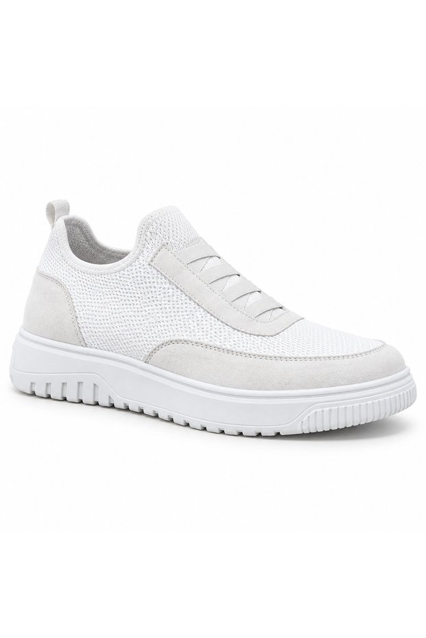 Ba0911 White Men's Sneaker - Special Knitted Knitwear, Breathable Leather, Powder Detail, Lightweight, Comfortable, Casual Sports Shoes